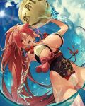  1girl amputee ass_visible_through_thighs baiken ball beachball bikini blue_sky breasts cloud covered_navel covered_nipples guilty_gear highres huge_breasts jako_(toyprn) japanese_clothes light_rays long_hair looking_at_viewer ocean one-eyed open_mouth pink_hair ponytail scar scar_across_eye scar_on_face shaded_face sideboob sky solo sunbeam sunlight swimsuit thick_thighs thighs underboob water 