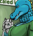  2023 alligator alligatorid anthro azrael_(tertia) azurlligator big_breasts black_nose blue_body blue_clothing blue_eyes blue_lips blue_lipstick blue_scales blue_shirt blue_tank_top blue_topwear blush breasts bulging_neck canid canine canis chest_tuft cleavage clothed clothing crocodilian digital_drawing_(artwork) digital_media_(artwork) duo eyebrows eyelashes fangs female fur girl_staring_at_man&#039;s_chest green_clothing green_shirt green_topwear green_wall grey_body grey_fur grey_hair hair hairhalf-closed_eyes hi_res inner_ear_fluff interspecies large_pecs larger_female lips lipstick looking_at_another looking_at_partner looking_down makeup male male/female mammal multicolored_body multicolored_scales muscular muscular_anthro muscular_female narrowed_eyes nathile_tiduna non-mammal_breasts pecs pupils reptile scales scalie scutes shirt sign size_difference skywater slit_pupils smaller_male snout tank_top teeth topwear tuft wall_(structure) wavy_hair wolf yellow_scutes 