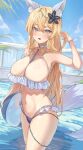  1girl 2gong_(9ujin_) animal_ear_fluff animal_ears arm_up armpits ball bare_arms bare_shoulders beachball between_breasts bikini blonde_hair blue_bikini blue_eyes breasts choker cleavage collarbone commission cowboy_shot eungae fang flower fox_ears fox_girl fox_tail frilled_bikini frills hair_between_eyes hair_flower hair_ornament highres large_breasts maplestory multi-strapped_bikini navel o-ring o-ring_bikini open_mouth original pool second-party_source smile solo standing stomach swimsuit tail thighs wading water white_bikini white_choker 