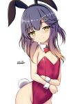  animal_ears bow bowtie dated detached_collar flat_chest highres kantai_collection leotard montemasa playboy_bunny purple_hair rabbit_ears rabbit_tail tail tsushima_(kancolle) twitter_username wrist_cuffs yellow_eyes 