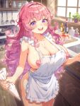  1girl apron blush bottle breasts cake cleavage collarbone commentary_request covered_nipples curly_hair food heart_pasties highres holding indoors kitchen large_breasts looking_at_viewer naked_apron open_mouth original pasties pink_hair purple_eyes reisen_balrog smile solo standing teeth thighs upper_teeth_only white_apron 