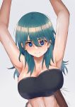  1girl armpits arms_up blue_eyes blue_hair breasts byleth_(female)_(fire_emblem) byleth_(fire_emblem) cleavage commentary_request fire_emblem fire_emblem:_three_houses grey_background highres large_breasts long_hair midriff navel shutchi simple_background solo stomach strapless tube_top upper_body 
