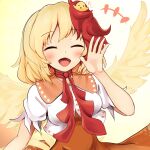  1girl animal_on_head bird bird_on_head bird_wings blonde_hair chick choker closed_eyes dress feathered_wings highres multicolored_hair nama_shirasu niwatari_kutaka on_head orange_dress red_hair red_ribbon ribbon ribbon_choker shirt short_hair smile solo touhou two-tone_hair white_shirt wings yellow_wings 