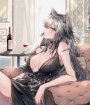  1girl animal_ears arknights black_choker black_dress blush bottle breasts breasts_apart cat_ears cat_girl choker cocktail_dress couch cowboy_shot cup dress drinking_glass grey_hair highres large_breasts long_hair looking_at_viewer no_bra on_couch profile sagi_(sagi_0116) schwarz_(arknights) sideways_glance sitting sleeveless sleeveless_dress solo wine_bottle wine_glass yellow_eyes 