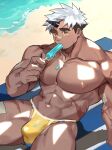  1boy abs akiha_gongen_(housamo) bandaid bandaid_on_face bandaid_on_nose bara beach blue_male_swimwear covered_penis dark-skinned_male dark_skin facial_hair feet_out_of_frame food food_on_body food_on_pectorals goatee highres holding holding_food holding_ice_cream horns huge_eyebrows huge_pectorals ice_cream locking male_focus male_swimwear melting multicolored_hair multicolored_male_swimwear muscular muscular_male nipples official_alternate_costume sei_ouka short_hair single_horn sitting solo sunlight swim_briefs thick_thighs thighs tokyo_afterschool_summoners topless_male two-tone_hair white_hair yellow_male_swimwear 