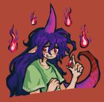  blood_vial blush film_grain green_shirt gzpxllztt hair_between_eyes highres hitodama holding holding_vial horns lizard_tail long_hair pink_horns pointy_ears purple_hair red_background red_eyes shirt short_sleeves simple_background single_horn smile solo sweat tail tenkajin_chiyari touhou vial 