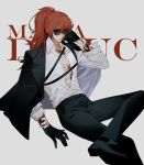  1boy abs bishounen black_gloves character_name diluc_(genshin_impact) english_text eriimyon formal full_body genshin_impact gloves highres long_hair male_focus pants ponytail red_hair shirt simple_background solo suit sunglasses tattoo toned toned_male white_background white_shirt 