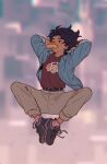  1boy arms_behind_head belt black_belt black_hair blue_jacket english_commentary food_in_mouth food_print highres jacket marvel midair one_eye_closed pavitr_prabhakar shoelaces shoes socks solo spider-man:_across_the_spider-verse spider-man_(series) strawberry_print tikklil 