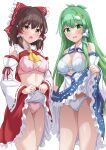  2girls absurdres ascot bare_shoulders blue_skirt blush bow bra brown_eyes brown_hair clothes_lift detached_sleeves frilled_skirt frills green_eyes green_hair hair_between_eyes hair_bow hair_tubes hakurei_reimu highres japanese_clothes kochiya_sanae lifted_by_self long_hair multiple_girls nontraditional_miko open_mouth panties pink_bra pink_panties ramie_(ramie541) red_bow red_skirt ribbon-trimmed_sleeves ribbon_trim sidelocks simple_background skirt skirt_lift touhou underwear white_background white_bra white_panties white_sleeves wide_sleeves yellow_ascot 