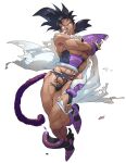  1boy abs absurdres armor bara black_hair bodysuit broken_armor bulge cape clenched_teeth covering covering_chest dark-skinned_male dark_skin dragon_ball frown full_body highres large_pectorals long_hair male_focus midriff_peek monkey_tail muscular muscular_male navel pectorals solo spiked_hair stomach supobi tail teeth thick_thighs thighs torn_bodysuit torn_cape torn_clothes tullece underpec white_background 
