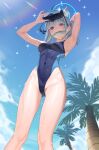  1girl absurdres animal_ear_fluff animal_ears black_one-piece_swimsuit blue_archive blue_eyes blue_sky breasts cloud competition_swimsuit covered_navel cross_hair_ornament day doufu_(pixiv9093484) extra_ears feet_out_of_frame fish from_below grey_hair hair_ornament halo highleg highleg_swimsuit highres looking_at_viewer low_ponytail medium_breasts medium_hair mismatched_pupils mouth_hold multicolored_clothes multicolored_swimsuit official_alternate_costume one-piece_swimsuit outdoors palm_tree shiroko_(blue_archive) shiroko_(swimsuit)_(blue_archive) sky snorkel solo standing swimsuit tree wet wet_clothes wet_swimsuit wolf_ears 