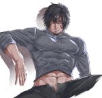  1boy bara black_hair black_pants blue_eyes clive_rosfield closed_mouth facial_hair final_fantasy final_fantasy_xvi grey_shirt highres large_pectorals looking_at_viewer male_focus muscular muscular_male navel navel_hair open_pants pants pectorals shadow shirt short_hair simple_background solo sweat white_background zanki 