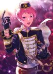  1boy black_gloves bright_pupils buttons commentary_request cowboy_shot ensemble_stars! formal gloves hat high_collar highres itsuki_shu long_sleeves official_alternate_costume open_mouth pink_hair pink_theme puffy_sleeves purple_eyes sash short_hair shoulder_boards shoulder_sash solo teeth upper_teeth_only wednesday_108 white_pupils 