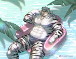  1boy abs absurdres alternate_costume animal_ears arknights bara blue_male_swimwear bulge facial_hair from_above furry furry_male goatee highres large_pectorals leng_xiaoyu looking_at_viewer male_focus male_swimwear mature_male mountain_(arknights) muscular muscular_male navel nipples on_innertube palm_tree pectorals scar scar_across_eye short_hair solo stomach strongman_waist swim_briefs thick_eyebrows thick_thighs thighs tiger_boy tiger_ears topless_male tree tree_shade water wet_male_swimwear white_fur white_hair 