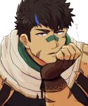  1boy bandaid bandaid_on_face bandaid_on_nose bara black_hair blue_hair crave_saga elbow_rest expressionless gae_bolg_(crave_saga) hand_up looking_at_viewer male_focus multicolored_hair nattukre pectorals scar scar_on_cheek scar_on_face short_hair solo streaked_hair translation_request upper_body 
