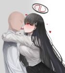  1boy 1girl black_hair black_skirt blue_archive breasts copyright_request french_kiss grey_background halo heart heart-shaped_pupils highres jaha709953 kiss large_breasts long_hair long_sleeves rio_(blue_archive) shirt skirt symbol-shaped_pupils tongue tongue_out white_shirt 