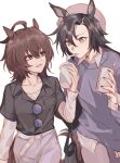  2girls agnes_tachyon_(umamusume) ahoge air_shakur_(umamusume) alternate_costume animal_ears belt black_hair black_shirt brown_hair chemical_structure collared_shirt cup disposable_cup drinking_straw earrings eyebrow_piercing eyewear_on_clothing hair_between_eyes highres holding holding_cup horse_ears horse_girl horse_tail jewelry long_hair looking_at_another messy_hair multiple_girls pants piercing purple_sweater red_eyes rokumijio_maru round_eyewear shirt shirt_under_sweater short_hair short_sleeves simple_background single_earring sweater tail umamusume white_background white_belt white_pants 