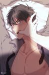  2boys absurdres blush brown_eyes brown_hair finger_in_another&#039;s_mouth highres implied_yaoi jeong_taeui looking_at_viewer male_focus multiple_boys nipples o_ssion on_bed open_clothes passion_(manhwa) pectorals 