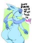  2023 4_fingers absurd_res ambiguous_gender anthro big_butt black_text blue_body blue_eyes blue_fur butt dialogue digital_drawing_(artwork) digital_media_(artwork) eeveelution english_text eyelashes fictional_currency fingers fur generation_4_pokemon gesture glaceon glistening glistening_eyes hair hi_res looking_at_viewer looking_back mammal money nintendo open_mouth pink_text pokemon pokemon_(species) simple_background small_tail smile solo speech_bubble tail text thick_thighs v_sign yeedrah 