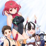  1boy 3girls :d bare_arms bare_shoulders black_gloves black_hair black_one-piece_swimsuit blush breasts brown_eyes brown_hair collarbone commentary_request covered_navel crossette_(xenoblade) fire gloves grey_hair hair_between_eyes hand_up headpiece highres horns large_breasts looking_at_viewer medium_breasts multicolored_hair multiple_girls nia_(fancy_sundress)_(xenoblade) nia_(xenoblade) one-piece_swimsuit orange_eyes paskmel pyra_(pro_swimmer)_(xenoblade) pyra_(xenoblade) rex_(xenoblade) smile swimsuit topless_male two-tone_hair uneven_eyes white_hair xenoblade_chronicles_(series) xenoblade_chronicles_2 