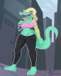  4_fingers 4_toes absurd_res alligatorid anthro barefoot blonde_hair bratty_(undertale) city cityscape claws clothed clothing crocodilian fawxhead feet female finger_claws fingers hair hi_res lipstick long_snout looking_at_viewer low-angle_view makeup midriff navel open_mouth pupils purple_eyes reptile scalie skimpy slit_pupils snout solo thong toe_claws toes undertale_(series) underwear worm&#039;s-eye_view 