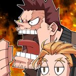  2boys angry blank_stare boku_no_hero_academia deformed endeavor_(boku_no_hero_academia) facial_hair forked_eyebrows hands_up hawks_(boku_no_hero_academia) male_focus multiple_boys sasaki_sakichi scar scar_across_eye scar_on_face short_hair shouting spiked_hair stubble tongue tongue_out 