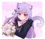  animal_ear_fluff animal_ears bandaid bandaid_on_face black_hoodie blunt_bangs bouquet cat_ears cat_tail fang floral_background flower hair_ornament hairpin heterochromia highres hood hoodie indie_virtual_youtuber long_hair long_sleeves mikeneko_(utaite) milk_tea_1993 niconico patterned_background pink_background pink_eyes purple_eyes purple_ribbon ribbon rose sidelocks skin_fang solo tail upper_body virtual_youtuber white_flower white_rose 