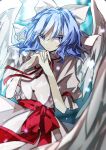  1girl blue_eyes blue_hair bow closed_mouth commentary_request dress hair_bow highres light_particles looking_at_viewer mai_(touhou) one-hour_drawing_challenge short_hair short_sleeves solo souko_illust touhou touhou_(pc-98) white_bow white_dress white_wings wings 