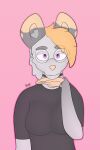  anthro black_clothing black_topwear blonde_hair breasts cheek_tuft choker clothed clothing didelphid dipstick_ears ear_tuft eyewear facial_tuft female fur glasses grey_body grey_fur gusta hair jewelry mammal marsupial multicolored_ears necklace niccy pink_eyes solo topwear tuft 