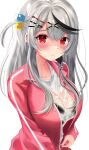  1girl absurdres bocchi_the_rock! bra_visible_through_clothes breasts cleavage cosplay cube_hair_ornament gotou_hitori gotou_hitori_(cosplay) grey_hair hair_ornament highres hololive jacket long_hair looking_at_viewer multicolored_hair pink_jacket pink_track_suit sakamata_chloe shirt solo sportswear streaked_hair track_jacket virtual_youtuber wet wet_clothes wet_shirt x_hair_ornament 