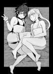  2girls absurdres ahoge bare_shoulders barefoot bikini blunt_bangs blush choker closed_mouth commentary_request embarrassed feet flat_chest gloves greyscale hair_between_eyes highres long_hair looking_at_viewer lulu_(pastime774) lying micro_bikini monochrome multiple_girls on_side original pastime774 ponytail short_hair side-tie_bikini_bottom smile swimsuit thighhighs toes v 