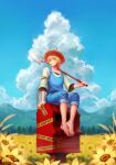  1boy abr_fairy blonde_hair blue_sky blurry blurry_background character_request cloud copyright_request farmer flower full_body hill keep_out male_focus mouth_hold pine_tree shovel sitting sky solo stalk_in_mouth tree yellow_eyes yellow_flower 