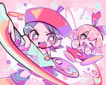 2girls adeleine beret blush_stickers bright_pupils fairy fairy_wings grey_eyes hat holding holding_brush holding_paintbrush holding_palette kirby_(series) kirby_64 motion_blur multiple_girls one_eye_closed open_mouth paintbrush painting_(action) palette_(object) pink_hair porta3948_5 ribbon_(kirby) short_hair smock white_pupils wings 