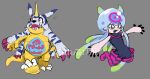  animal_skin anthro bandai_namco belly belly_markings claws digimon digimon_(species) duo female fur gabumon hi_res horn humanoid jellymon male markings moobs pink_body slightly_chubby striped_body striped_fur stripes tatertottoto tentacles 