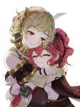  2girls absurdres anna_(fire_emblem) bare_shoulders blonde_hair citrinne_(fire_emblem) closed_eyes crossed_bangs fire_emblem fire_emblem_engage gold_trim hair_tie high_ponytail highres hug looking_at_another mariirasuto7 multiple_girls red_eyes red_hair short_hair smile white_background wing_hair_ornament 