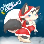  age_difference anthro blue_eyes canid canine canis christmas clothing costume digital_drawing_(artwork) digital_media_(artwork) digital_painting_(artwork) domestic_dog fur hi_res holidays lux_(namoke) male mammal namoke santa_claus santa_costume solo tail text young younger_male 