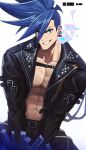  1boy abs belt black_belt black_jacket black_pants blue_hair earrings gaeag_prma galo_thymos highres jacket jewelry large_pectorals looking_at_viewer male_focus mohawk muscular muscular_male navel open_clothes open_jacket pants pectorals promare short_hair sidecut smile solo teeth 