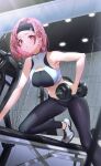  1girl absurdres baiou_(crazy_ones) bare_shoulders black_leggings breasts crazy_ones exercise gym highres large_breasts leggings official_art pink_eyes pink_hair shoes short_hair sneakers solo sports_bra sportswear weightlifting 