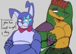  2023 alligator alligatorid annoyed annoyed_expression anthro bow_tie colored crocodilian cross-popping_vein crossed_arms dialogue digital_media_(artwork) duo english_text five_nights_at_freddy&#039;s five_nights_at_freddy&#039;s:_security_breach glamrock_bonnie_(fnaf) green_body hair hi_res knightferret lagomorph leporid male mammal markings montgomery_gator_(fnaf) purple_body rabbit raised_arm red_hair reptile scalie scottgames shirtless shoulder_pads star_(marking) steel_wool_studios text 