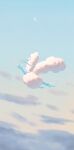  altaria animal_focus bird commentary_request crescent_moon day flying from_side highres moon no_humans outdoors papiko_(inko_910) pokemon pokemon_(creature) sky solo 
