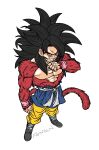  1boy artist_name black_hair dougi dragon_ball dragon_ball_gt fenyon full_body highres male_focus monkey_boy monkey_tail no_nipples open_mouth pants shirt simple_background smile solo son_goku spiked_hair standing super_saiyan super_saiyan_4 tail torn_clothes torn_shirt wristband yellow_pants 