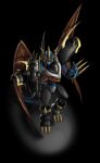  2012 absurd_res ambiguous_gender anthro armor bandai_namco big_claws black_background blue_body blue_scales breastplate cannon claws colored digimon digimon_(species) dragon_wings gauntlets_(weapon) gem headgear helmet hi_res imperialdramon mearns orange_eyes pauldron ranged_weapon red_wings scales scalie shaded simple_background small_waist solo spikes spotlight weapon wings 