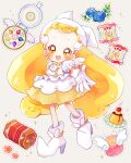  1girl :d blonde_hair blush boots dress earrings flower food full_body gloves hat highres jewelry long_hair looking_at_viewer magical_girl makihatayama_hana momiji_(lucario) ojamajo_doremi open_mouth pudding reaching_towards_viewer smile solo standing twintails very_long_hair white_dress white_footwear white_gloves witch_hat yellow_eyes 