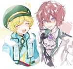  2boys ascot blonde_hair blue_jacket blue_shirt blush closed_eyes daifugo_happy ensemble_stars! facing_viewer green_hair green_headwear harukawa_sora highres jacket looking_at_viewer male_focus multiple_boys open_mouth purple_eyes red_hair shirt sketch smile suou_tsukasa white_ascot white_jacket white_shirt 