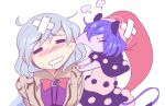  2girls angry animal_ears black_dress blue_hair blush bow bowtie closed_eyes doremy_sweet doremy_sweet_(baku) dress drooling grey_hair grey_jacket guuchama hat jacket kishin_sagume lowres multicolored_clothes multicolored_dress multiple_girls nightcap open_clothes open_jacket purple_shirt red_bow red_bowtie red_headwear shirt simple_background tail tapir_ears tapir_tail touhou white_background white_dress 