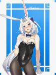  1girl akizuki_(17769498) alternate_costume animal_ears artist_name azur_lane black_leotard black_pantyhose blue_background blue_eyes blush breasts cowboy_shot detached_collar gloves hand_on_own_chest highres hiryuu_(azur_lane) large_breasts leotard long_hair pantyhose playboy_bunny rabbit_ears simple_background solo standing strapless strapless_leotard very_long_hair white_gloves white_hair 