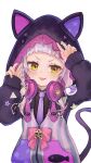  1girl absurdres animal_ears animal_hood blunt_bangs blush braid cat_hood cat_tail fake_animal_ears fang grey_hair headphones headphones_around_neck highres hololive hood kageyama_izumi long_hair looking_at_viewer murasaki_shion murasaki_shion_(7th_costume) necktie open_mouth purple_hood purple_necktie sidelocks single_braid smile solo tail virtual_youtuber white_background yellow_eyes 