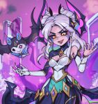  1girl :d black_skirt blue_bow blue_bowtie bow bowtie breasts bush cleavage colored_sclera cowboy_shot demon dress fake_horns fingernails gem green_dress grey_hair hair_horns head_wings horns league_of_legends long_hair medium_breasts morgana_(league_of_legends) multicolored_clothes multicolored_dress official_alternate_costume orange_eyes outdoors phantom_ix_row pink_sky purple_lips purple_sclera sharp_fingernails single_bare_shoulder skirt sky smile star_nemesis_morgana teeth upper_teeth_only wings 