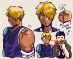  2boys abs blonde_hair bread collared_jacket cross_scar duckpasta eating food green_hair gyee highres jacket male_focus master_(gyee) mature_male multiple_boys muscular muscular_male nemesio_(gyee) pectorals purple_hair scar short_hair simple_background spiked_hair tan tank_top tight upper_body 