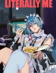  1girl apron blue_hair bottle breasts building chopsticks detached_sleeves dress english_text food frills game_console hair_between_eyes hair_over_one_eye hair_ribbon highres holding holding_bottle indoors literally_me_(meme) maid meme nail_polish night noodles parted_lips pink_ribbon re:zero_kara_hajimeru_isekai_seikatsu rem_(re:zero) ribbon roswaal_mansion_maid_uniform short_hair single_thighhigh sitting solo thighhighs wani_(perfect_han) white_apron window yellow_nails 